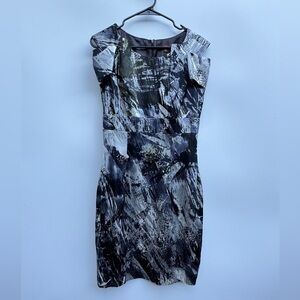 Single 100% Silk Grey Black White Splatter Abstract Palm Shift Pencil Dress 8